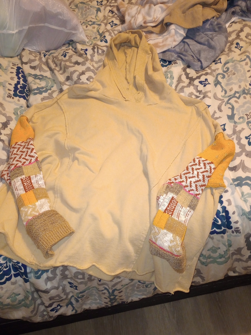 easel Yellow Hooded Crop Sweater with Patchwork Knit Sleeves